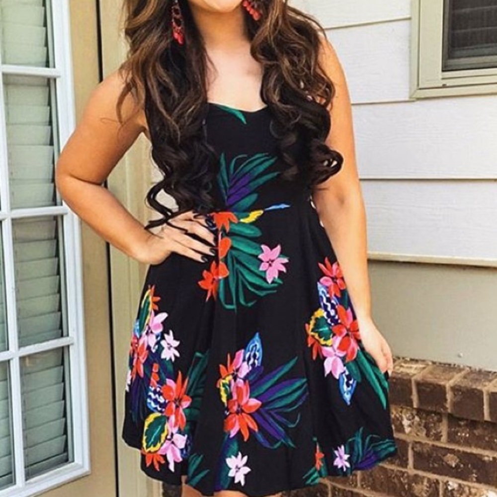 Tropical print fit and flare dress